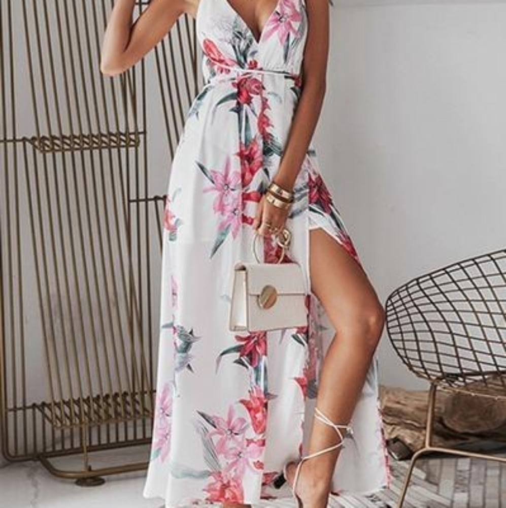 TRIBE Floral Print Open Back Wrap Maxi Dress Size Medium NWT